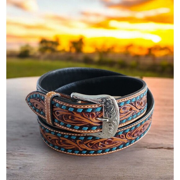 Angel Ranch Calf Hair Turquoise Billet Belt D140001433  Ranger Belt Co Western Rodeo Belt Tan Tooled Leather Turquoise Buck Stitch 42